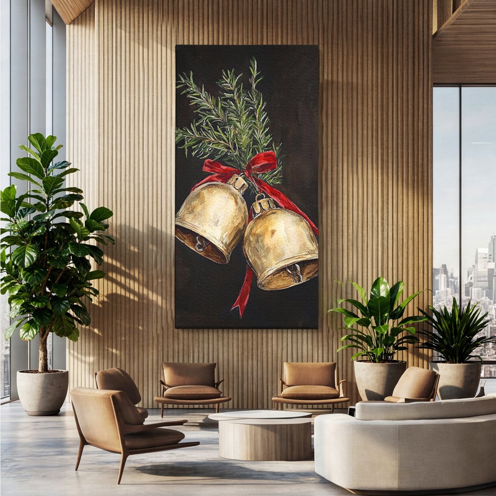 Tablou canvas cu tablou canvas cu clopotei de craciun, fara rama, pe sasiu de lemn, pe perete intr-un birou